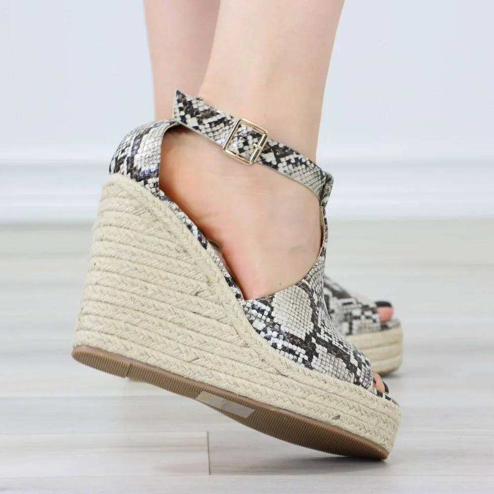 Faux Snakeskin Wedge Sandals Ankle Strap Espadrille Platform Buckle Closure